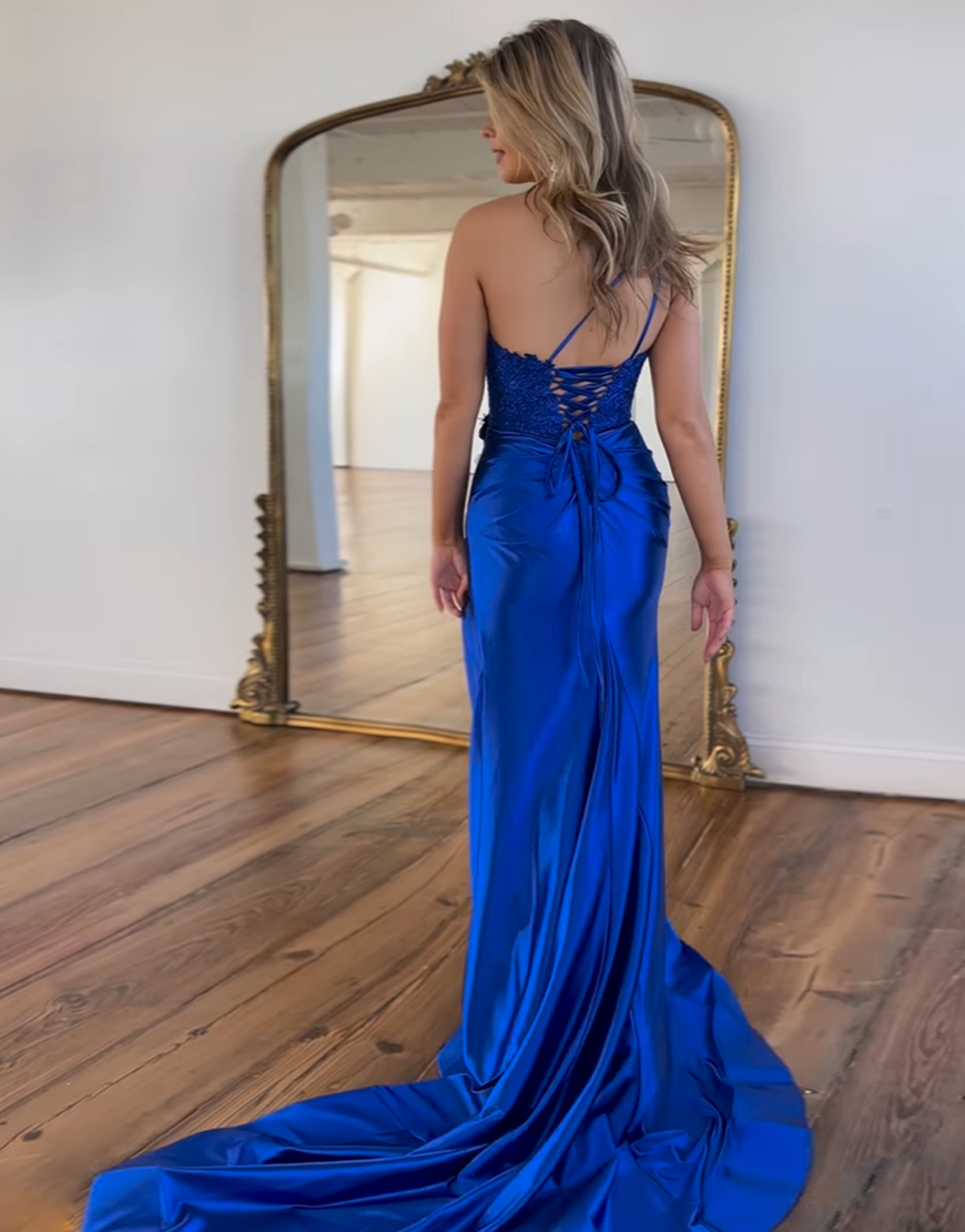 Royal Blue Mermaid One Shoulder Lace Up Long Satin Prom Dress With Split
