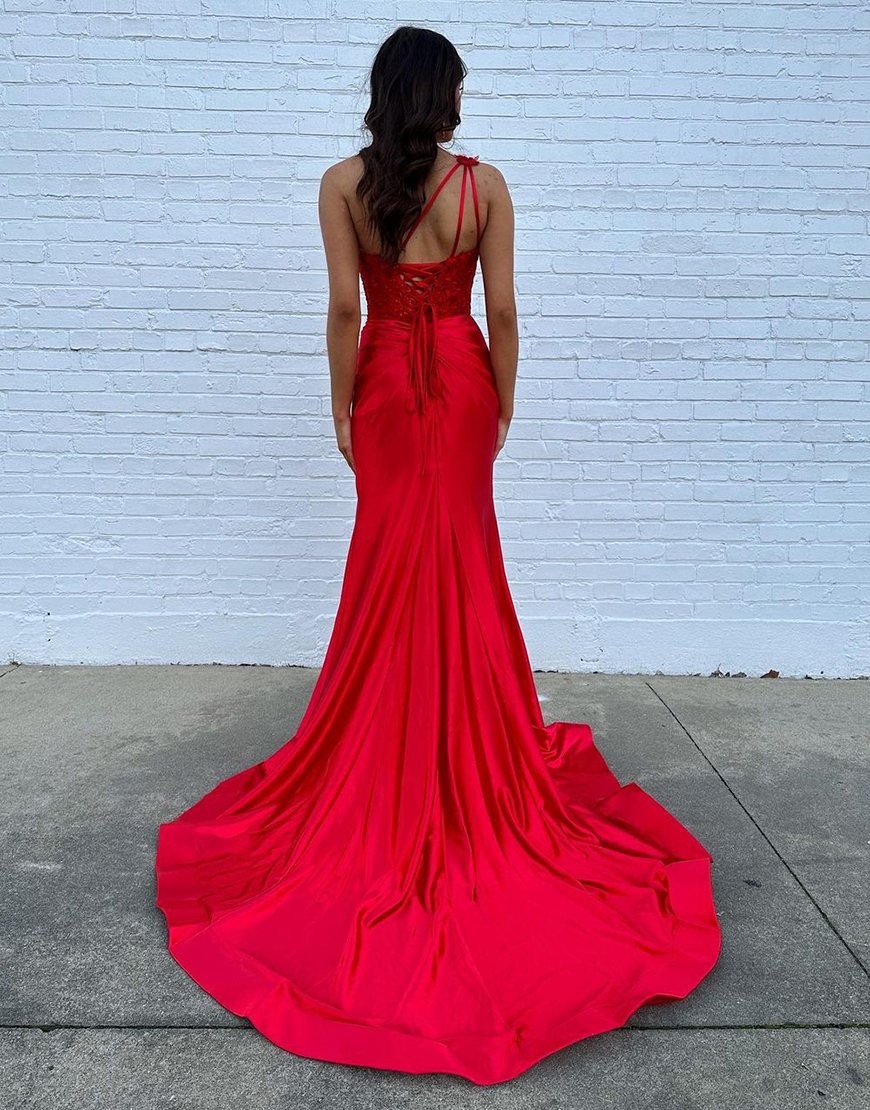 Royal Blue Mermaid One Shoulder Lace Up Long Satin Prom Dress With Split