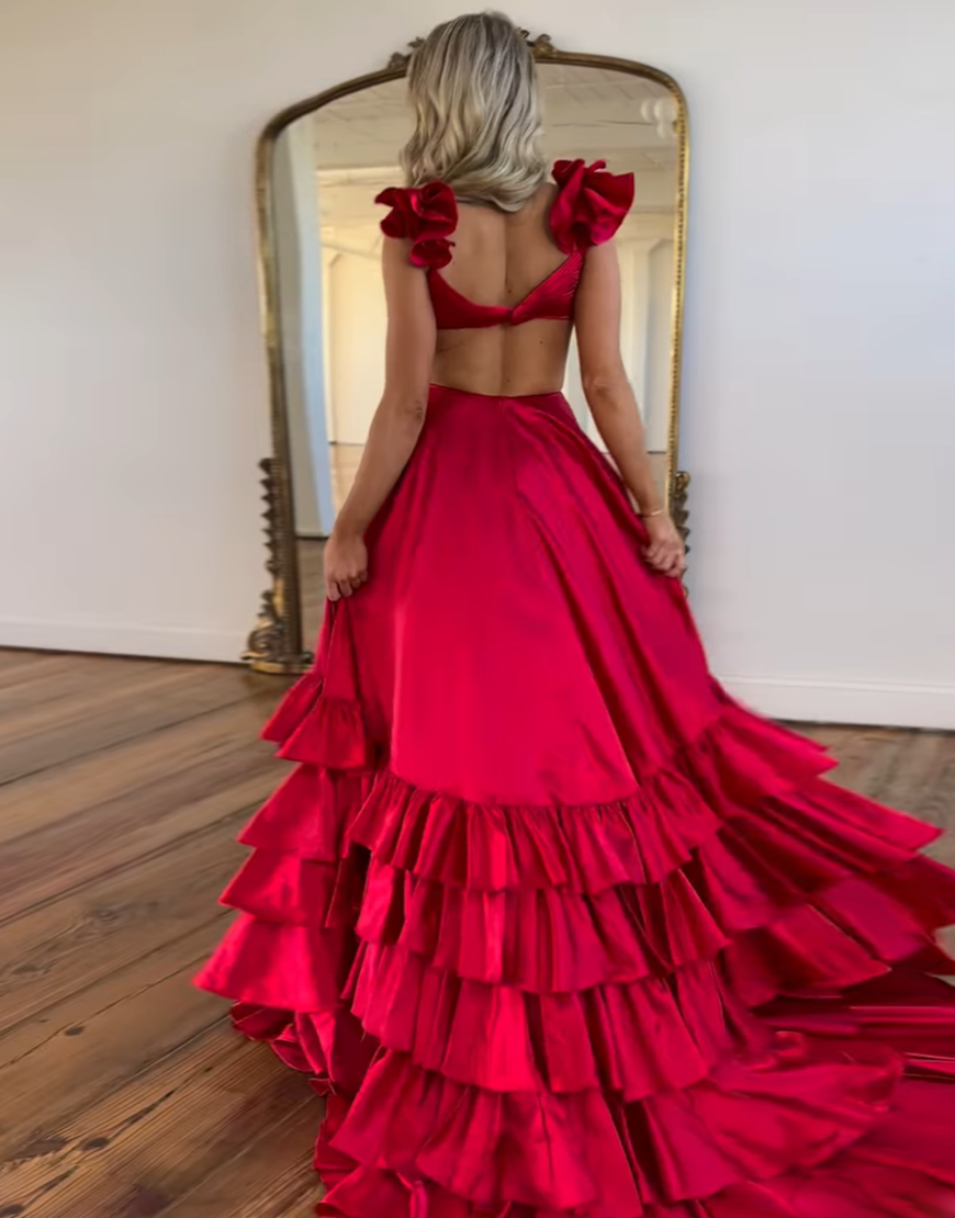 Stylish Red A-Line V-Neck Cutout Waist Long Tiered Prom Dress With Split