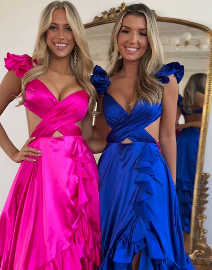 Stylish Red A-Line V-Neck Cutout Waist Long Tiered Prom Dress With Split