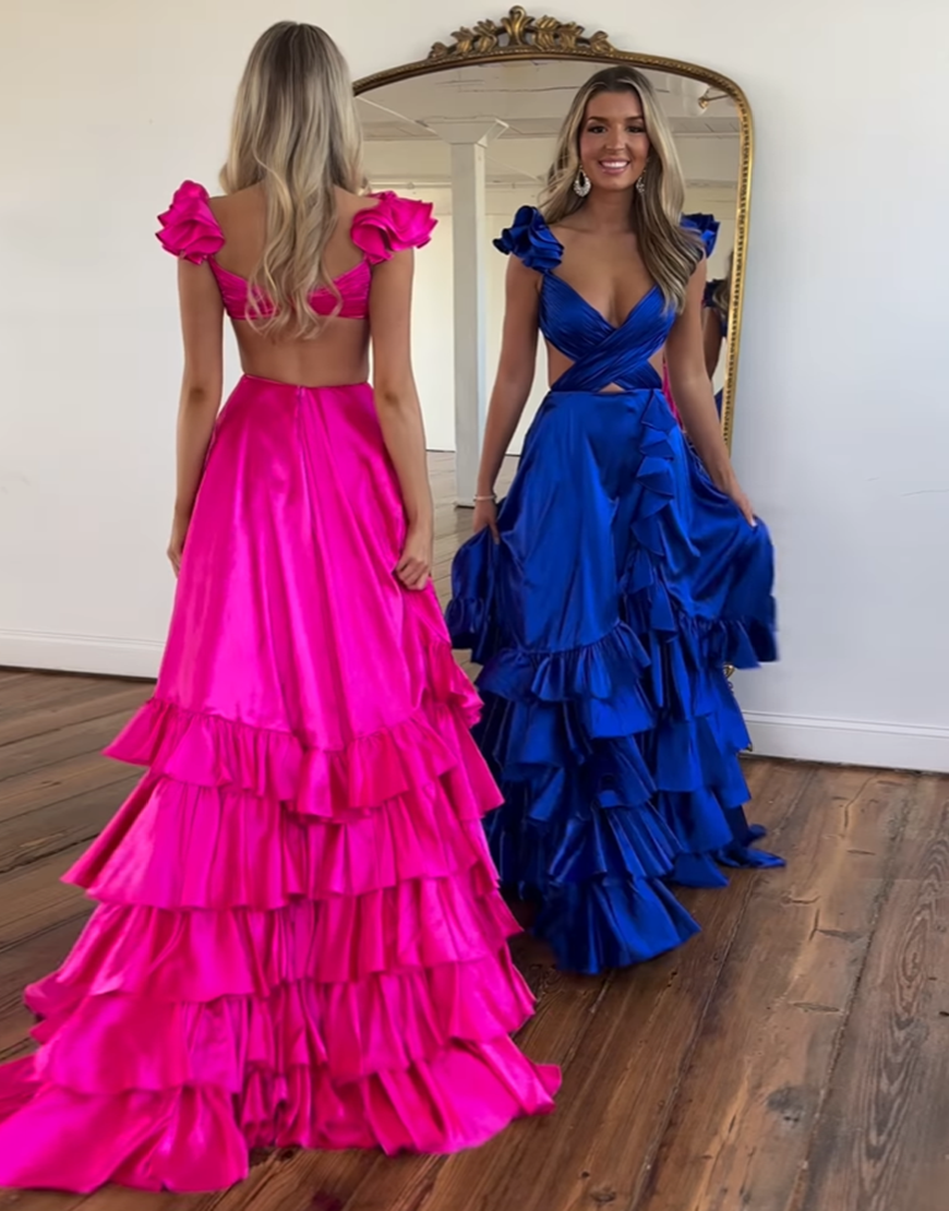 Stylish Red A-Line V-Neck Cutout Waist Long Tiered Prom Dress With Split