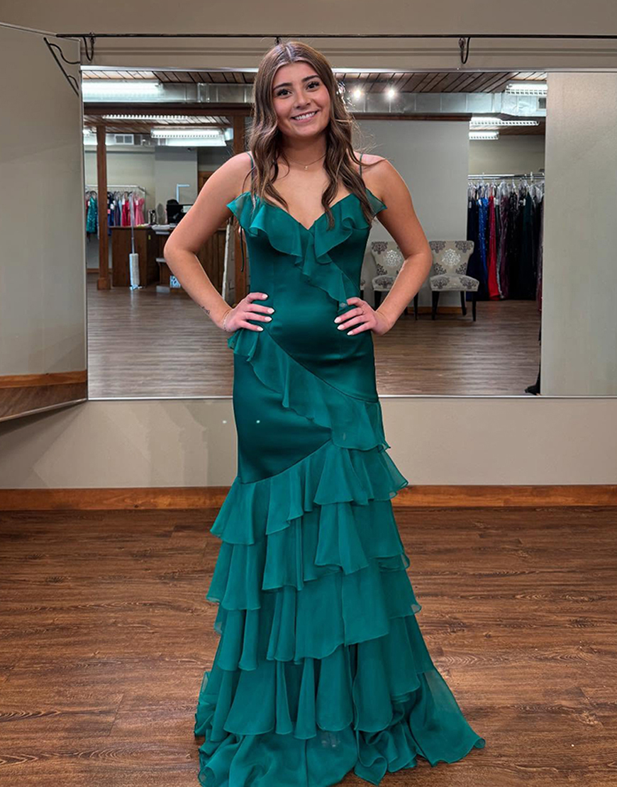 Cute Blush Spaghetti Straps Long Mermaid Prom Dress With Ruffles