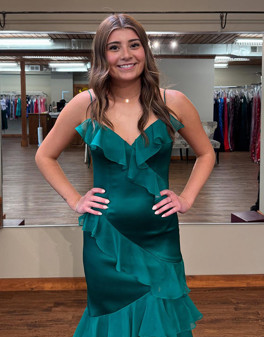 Cute Blush Spaghetti Straps Long Mermaid Prom Dress With Ruffles