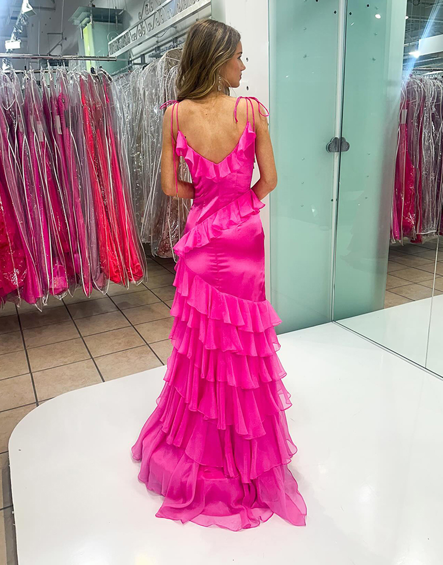 Cute Blush Spaghetti Straps Long Mermaid Prom Dress With Ruffles