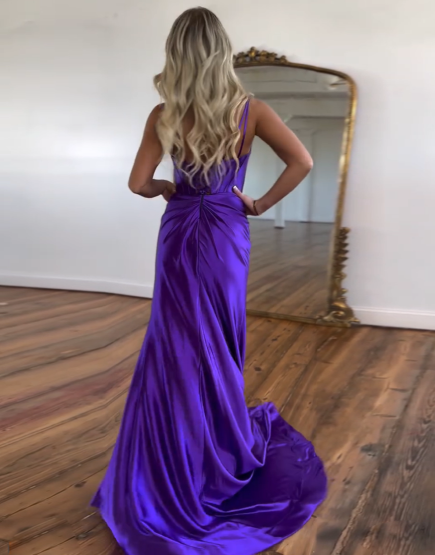 Purple Satin V-Neck Sweep Train Mermaid Prom Dress With Slit