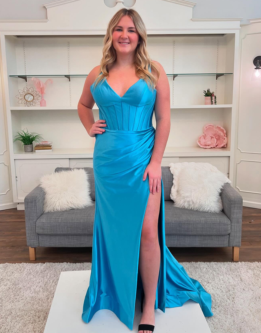 Purple Satin V-Neck Sweep Train Mermaid Prom Dress With Slit