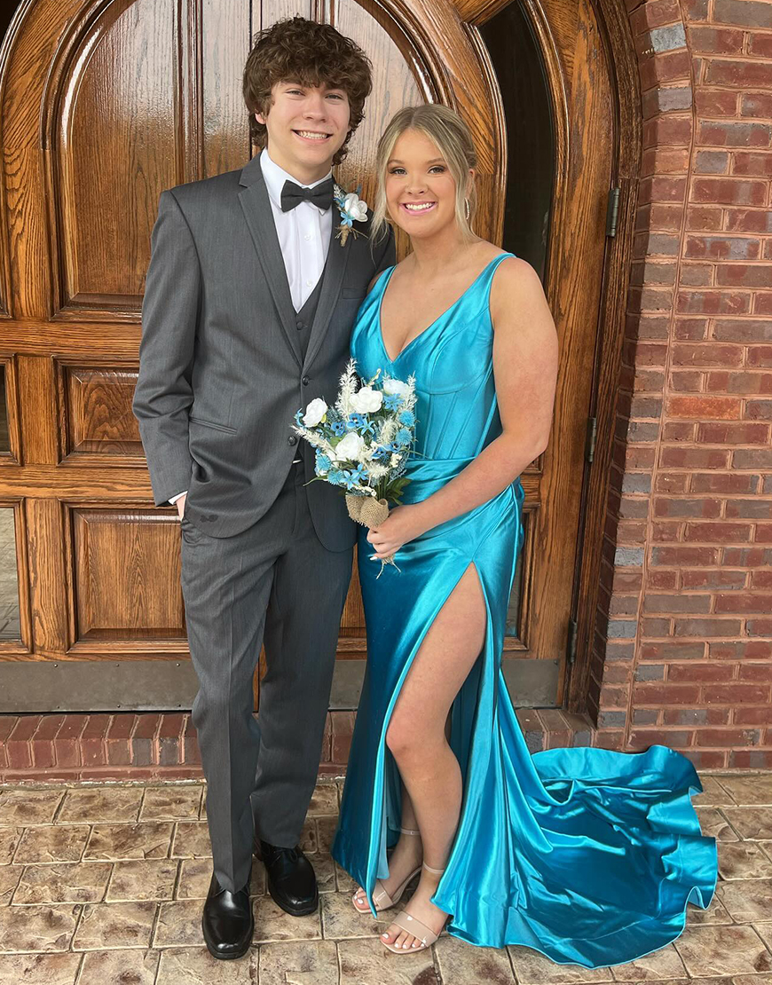 Purple Satin V-Neck Sweep Train Mermaid Prom Dress With Slit