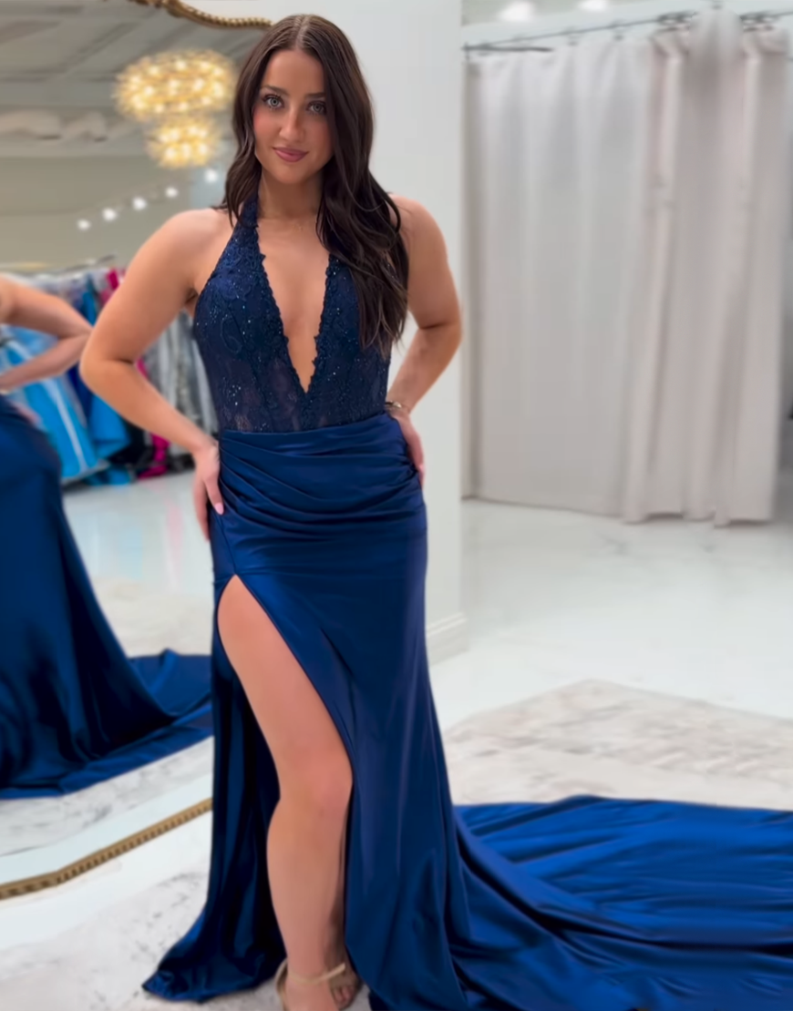 Sexy Fuchsia Deep V-Neck Mermaid Long Satin Prom Dress With Slit