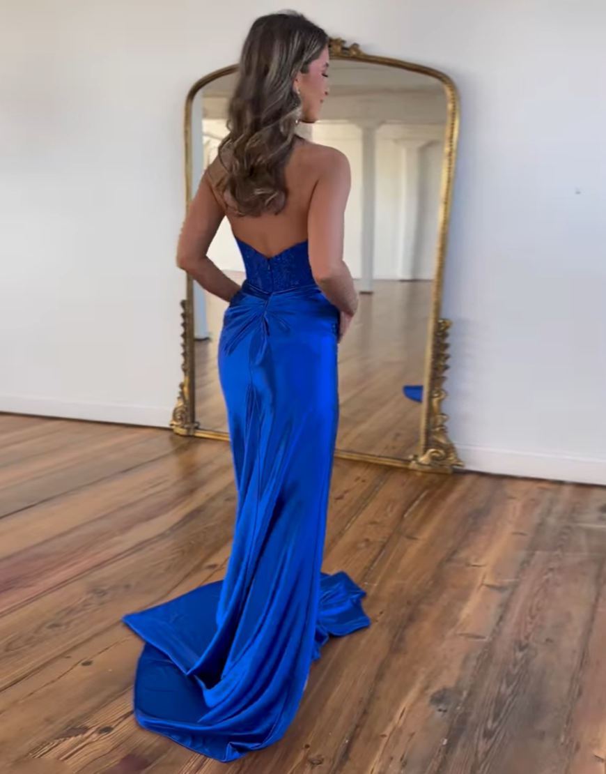 Sexy Fuchsia Deep V-Neck Mermaid Long Satin Prom Dress With Slit