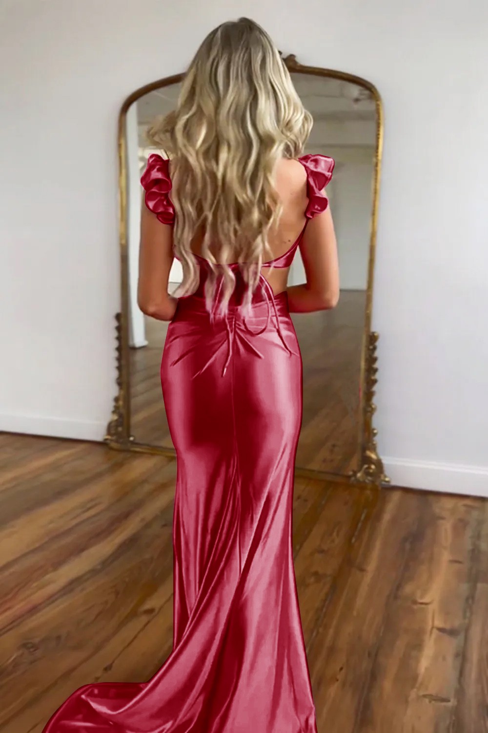 Cute Hot Pink Mermaid Cutout Waist Long Satin Prom Party Dress