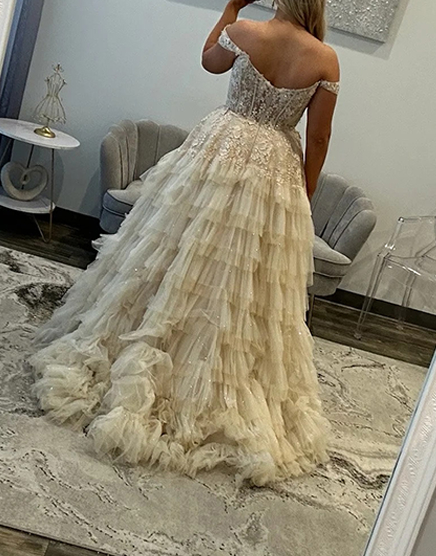 Champagne Corset Off the Shoulder Long Ruffled Tulle Prom Dress with Slit