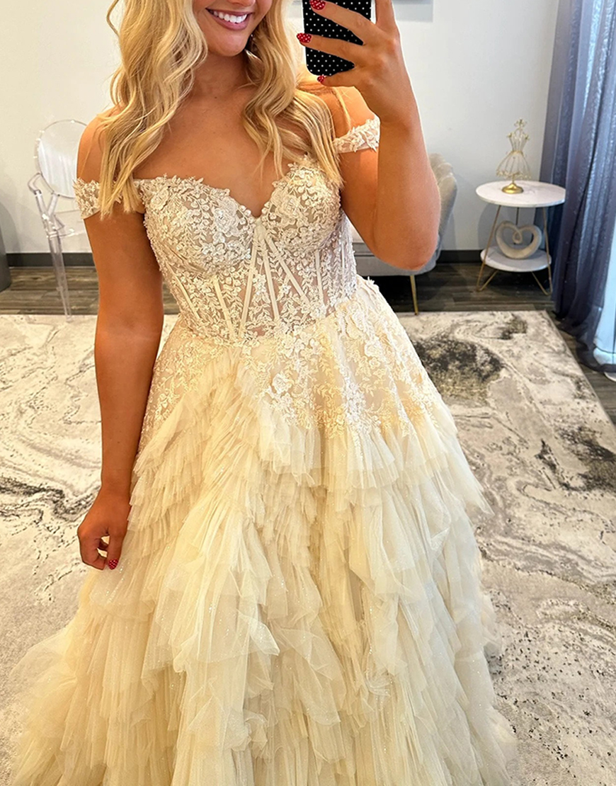 Champagne Corset Off the Shoulder Long Ruffled Tulle Prom Dress with Slit