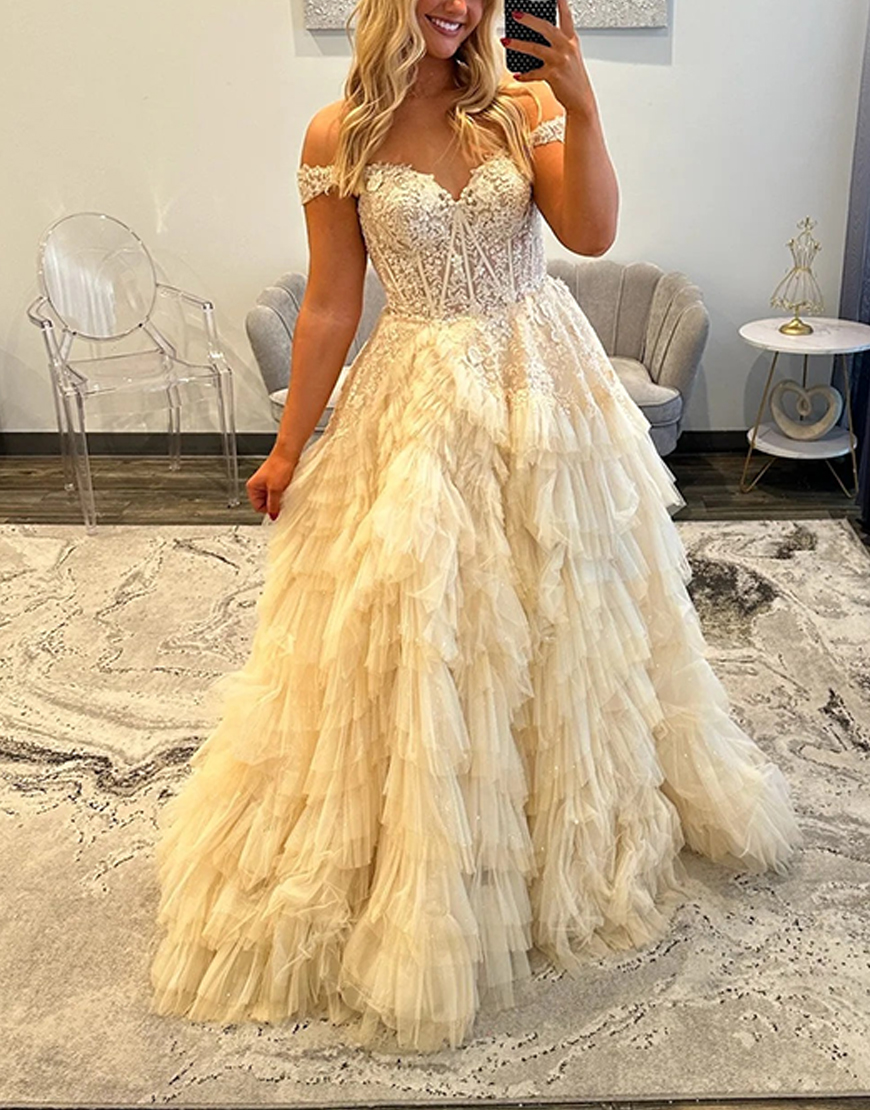 Champagne Corset Off the Shoulder Long Ruffled Tulle Prom Dress with Slit