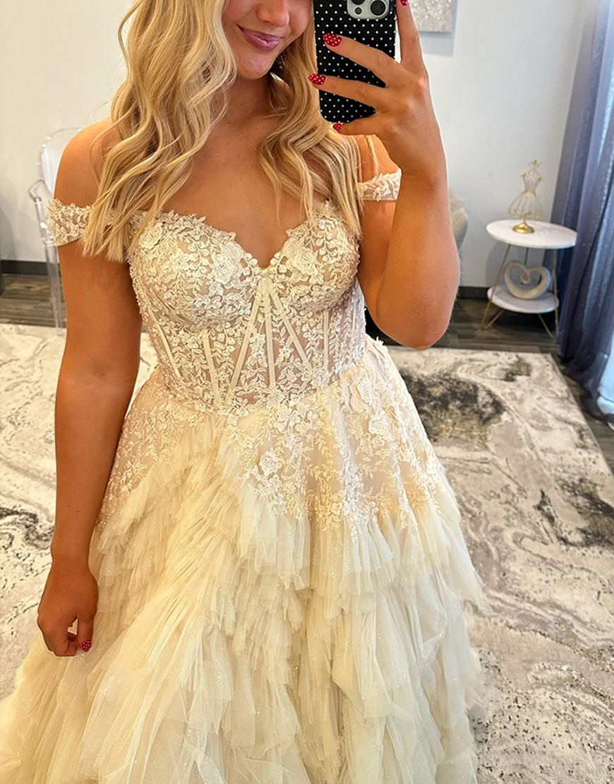 Champagne Corset Off the Shoulder Long Ruffled Tulle Prom Dress with Slit