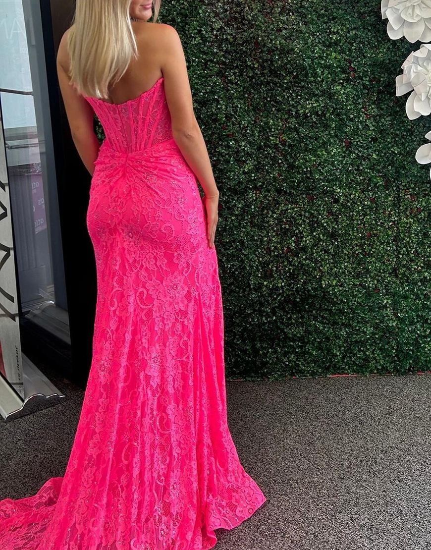 Glitter Mermaid Strapless Sweep Train Lace Prom Dress With Slit