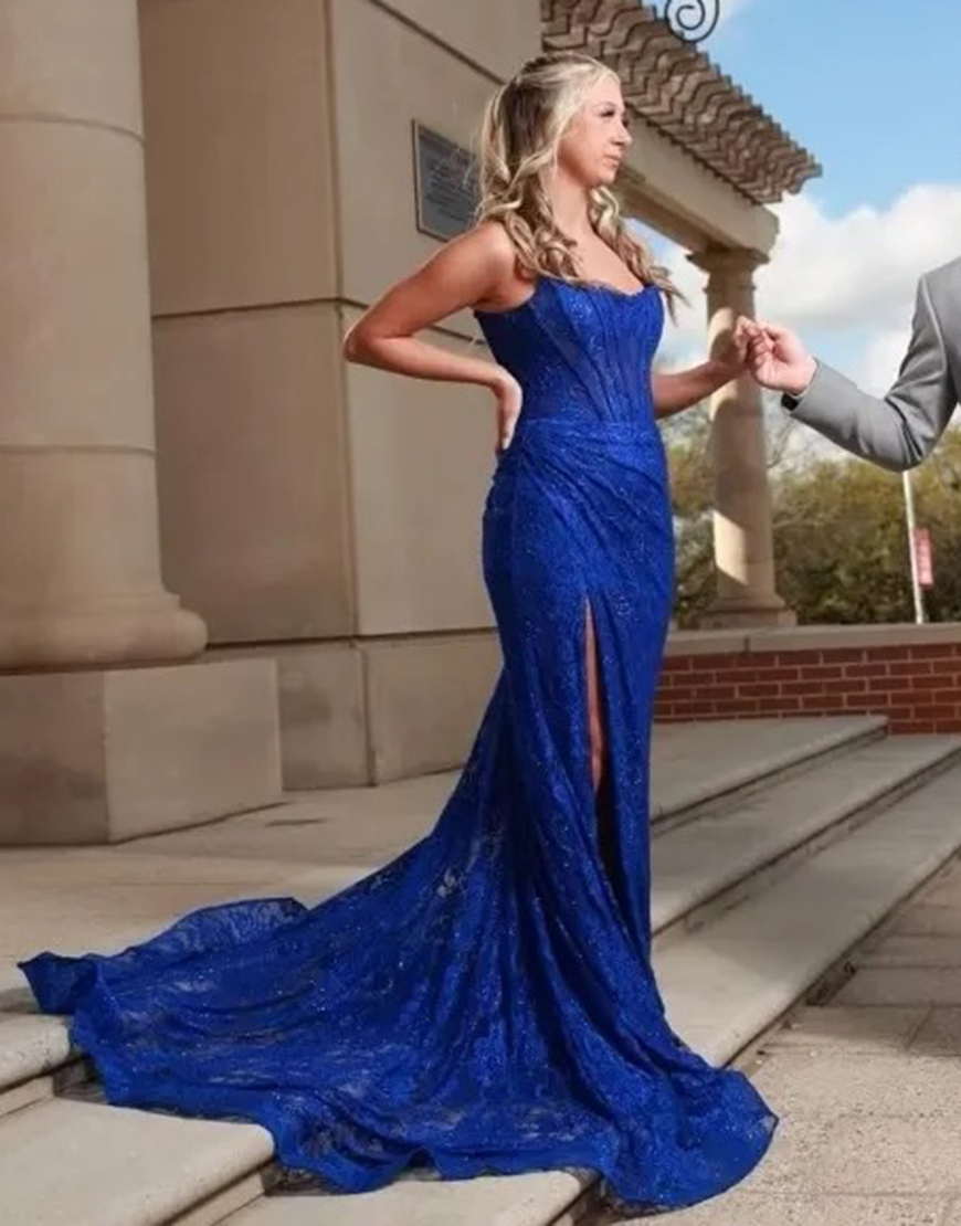 Glitter Mermaid Strapless Sweep Train Lace Prom Dress With Slit