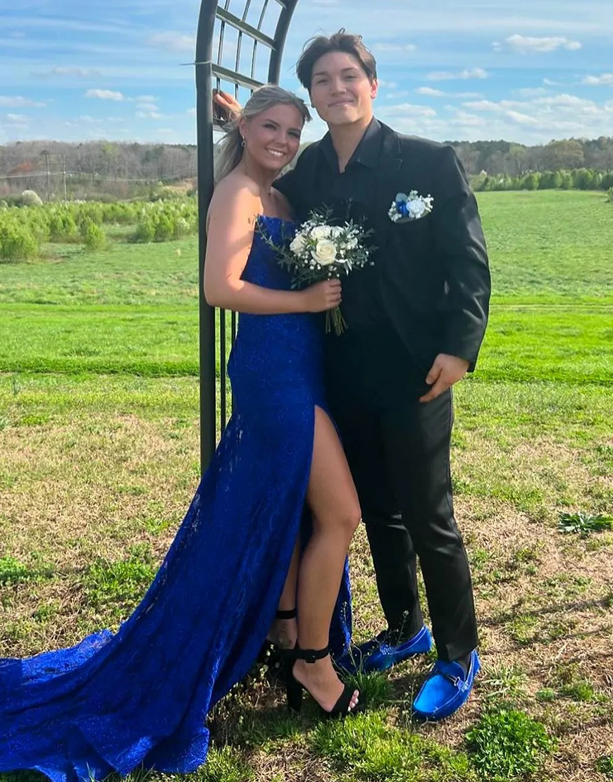 Glitter Mermaid Strapless Sweep Train Lace Prom Dress With Slit