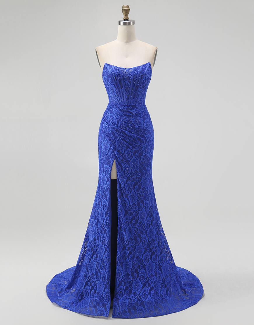 Royal Blue Mermaid Sweetheart Lace Long Corset Prom Dress with Slit