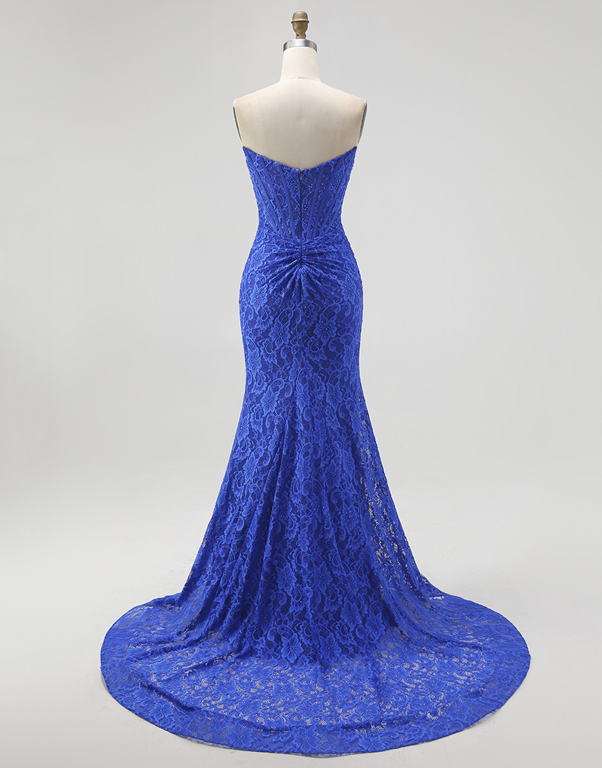 Royal Blue Mermaid Sweetheart Lace Long Corset Prom Dress with Slit