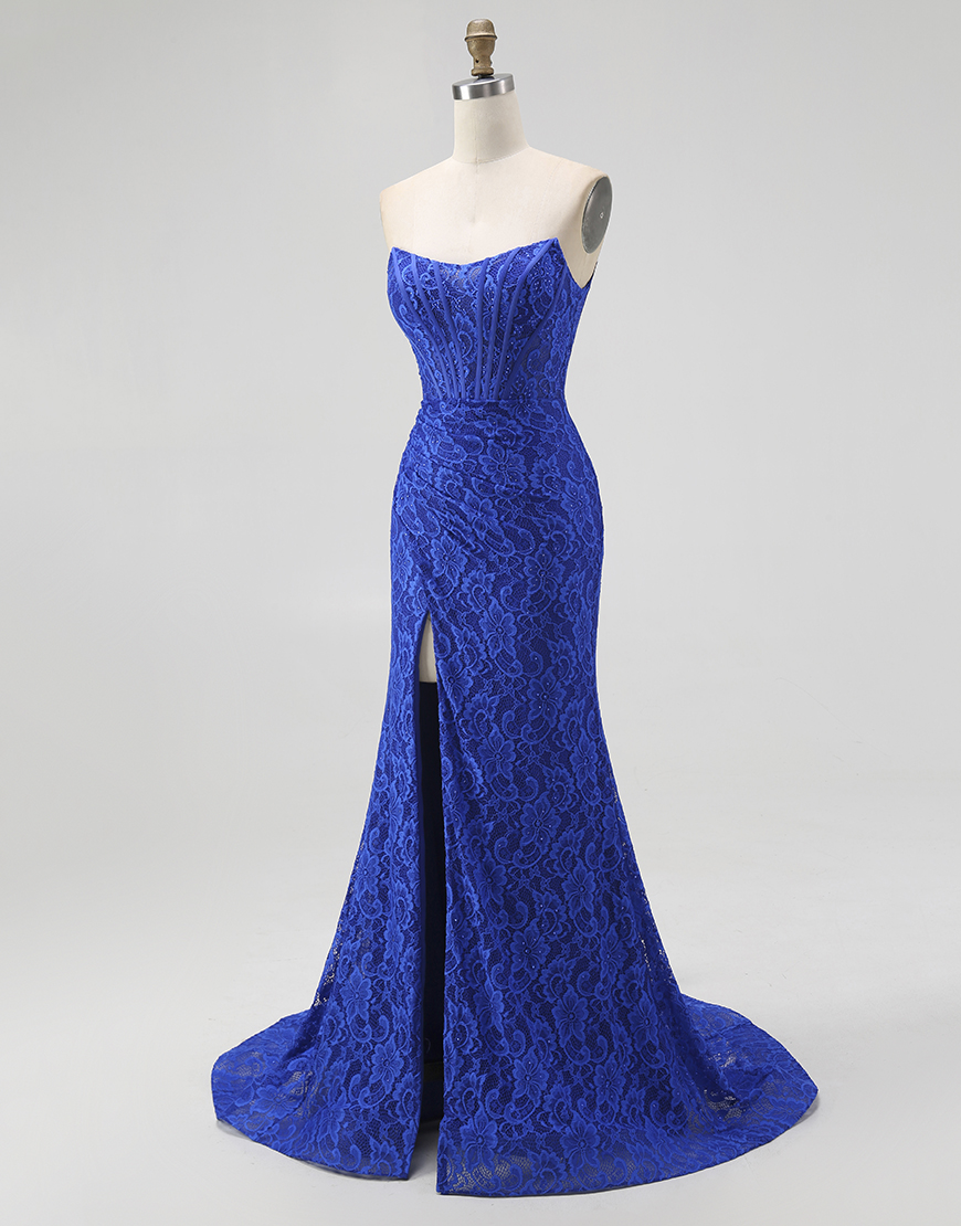 Royal Blue Mermaid Sweetheart Lace Long Corset Prom Dress with Slit