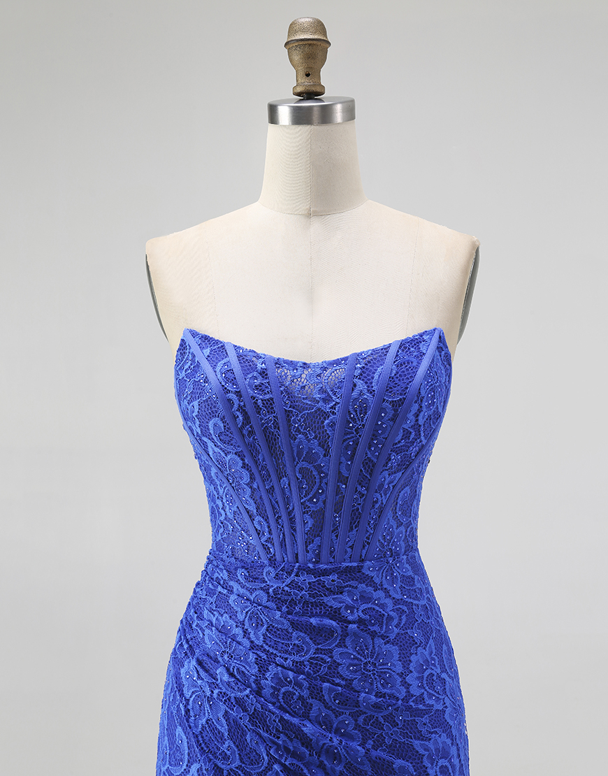 Royal Blue Mermaid Sweetheart Lace Long Corset Prom Dress with Slit
