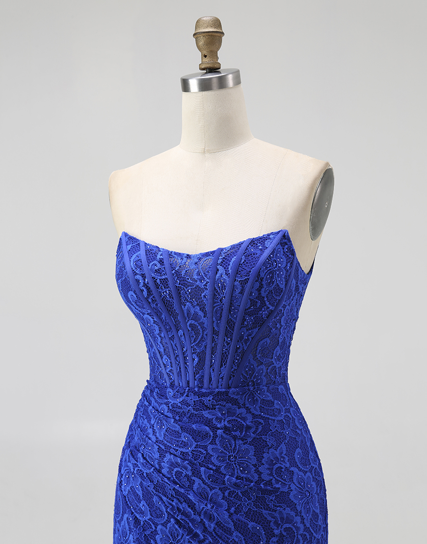 Royal Blue Mermaid Sweetheart Lace Long Corset Prom Dress with Slit