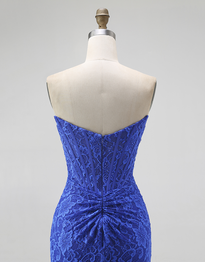 Royal Blue Mermaid Sweetheart Lace Long Corset Prom Dress with Slit