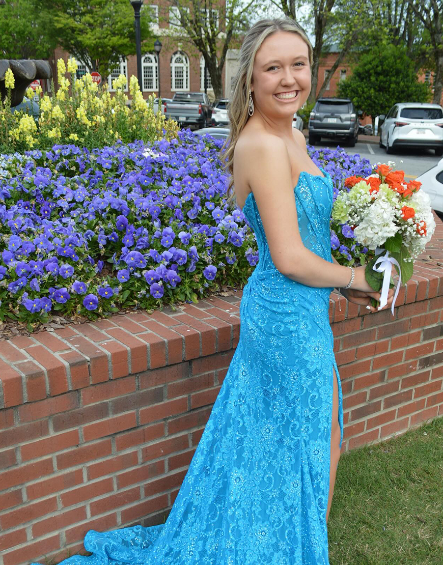 Glitter Mermaid Strapless Sweep Train Lace Prom Dress With Slit