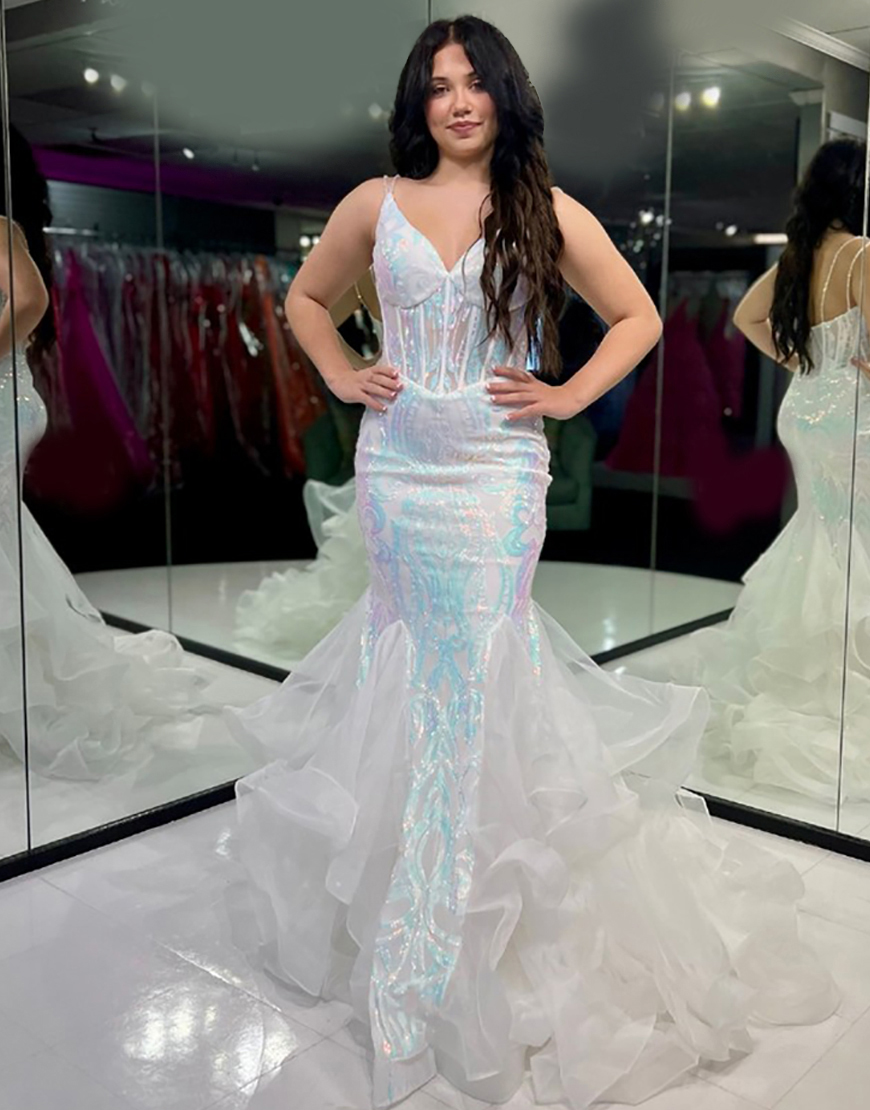 Sparkly Fuchsia Mermaid Corset Spaghetti Straps Long Sequin Prom Dress With Ruffles