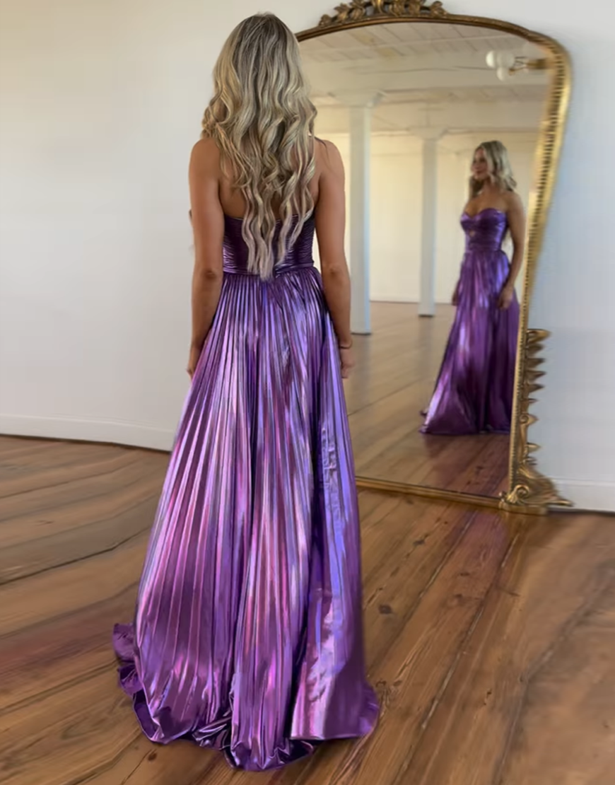 Berlinnova Women Stylish Purple Long Prom Dress A-Line Sweetheart Long Metallic Gala Dress With Slit