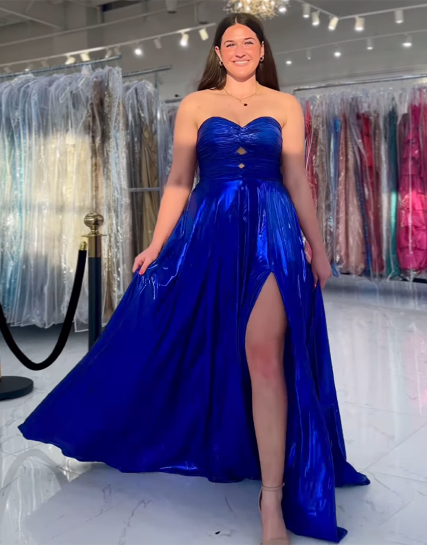 Stylish Peacock Blue A-Line Sweetheart Long Metallic Prom Dress With Slit