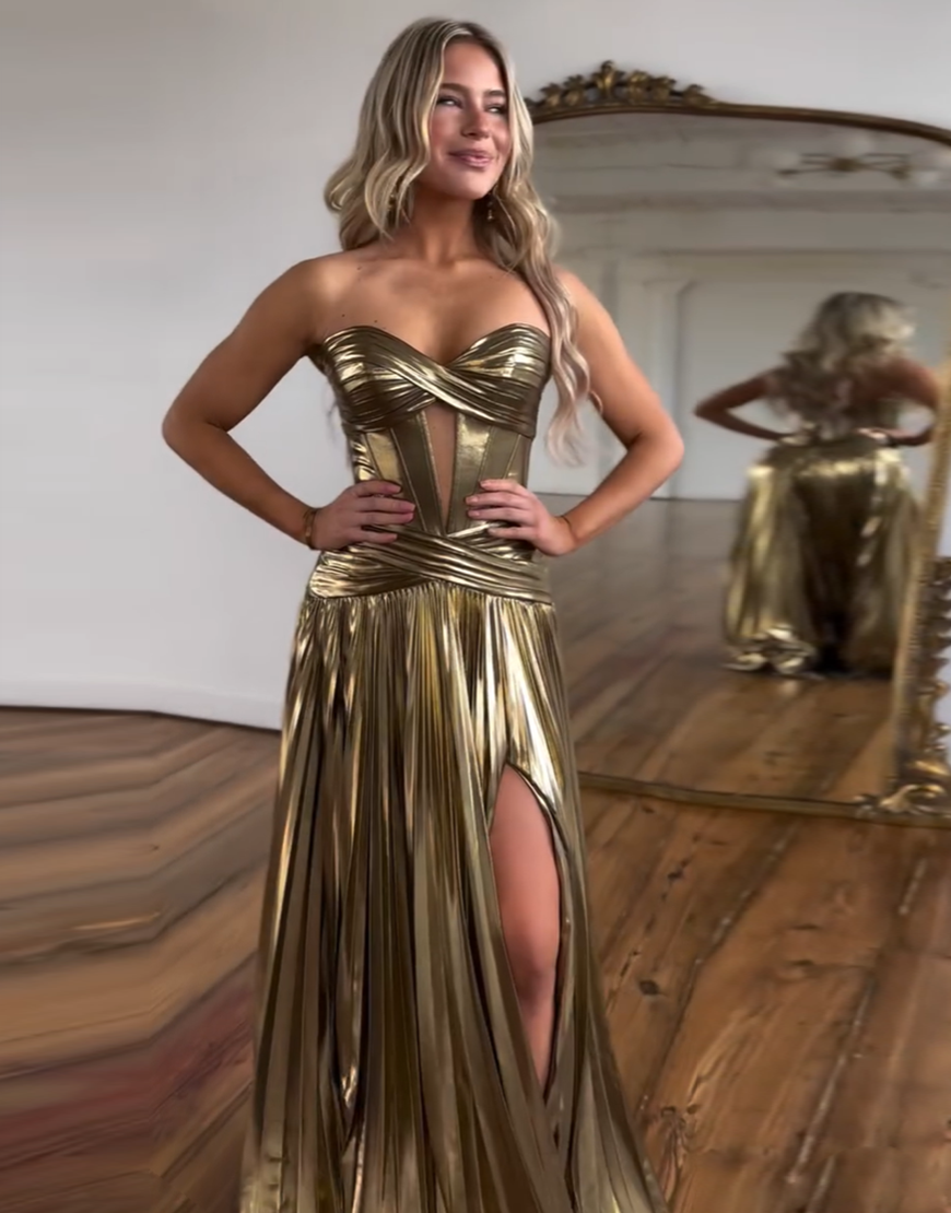 Stunning Silver Sweetheart Zipper Back Long Metallic Prom Dress With Slit