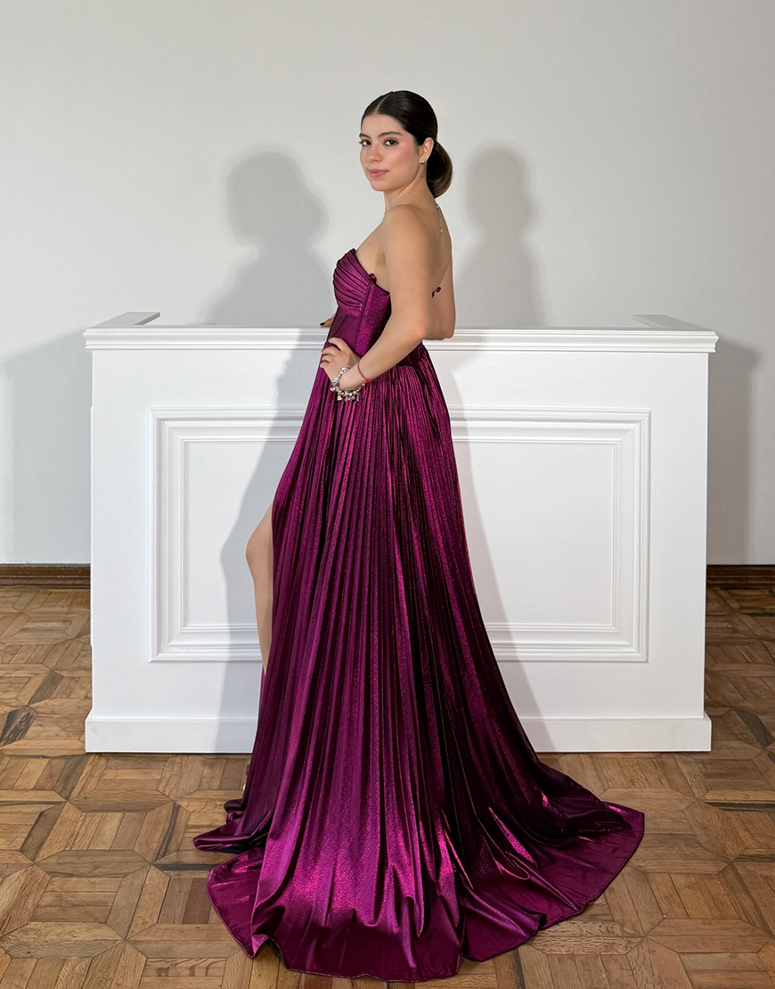 Stunning Silver Sweetheart Zipper Back Long Metallic Prom Dress With Slit