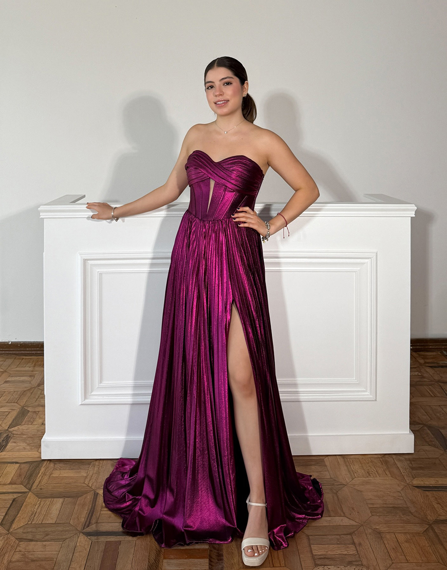 Stunning Silver Sweetheart Zipper Back Long Metallic Prom Dress With Slit