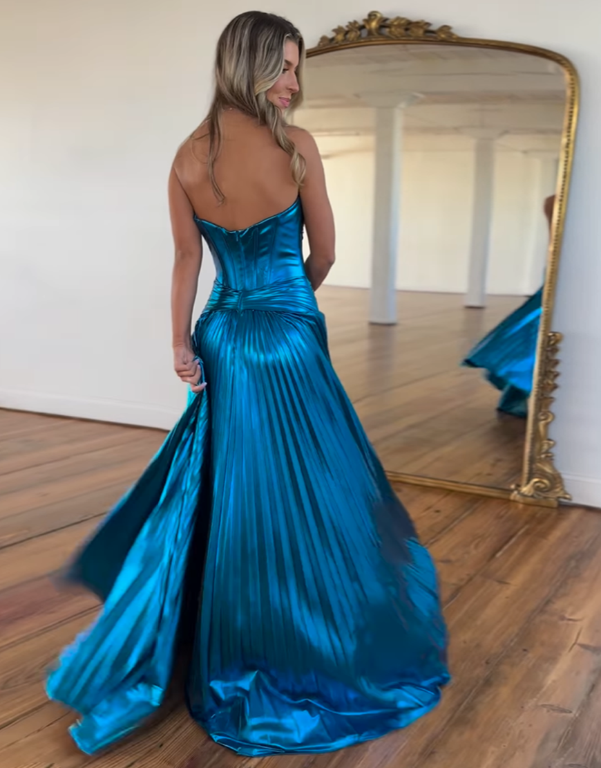 Stunning Silver Sweetheart Zipper Back Long Metallic Prom Dress With Slit