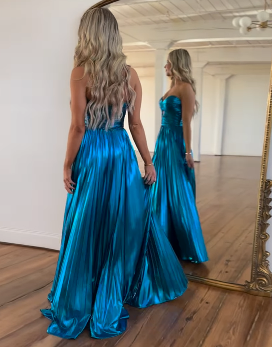 Stunning Silver Sweetheart Zipper Back Long Metallic Prom Dress With Slit