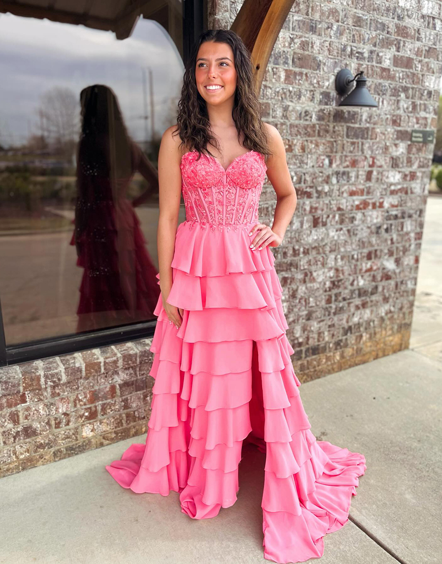 Sparkly Coral Corset Sweetheart Ruffled Tiered Long Prom Dress with Slit