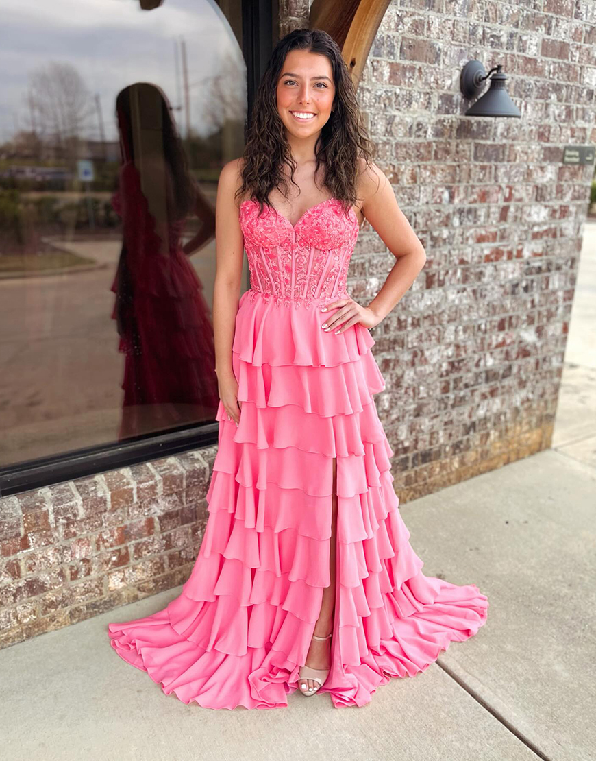 Sparkly Coral Corset Sweetheart Ruffled Tiered Long Prom Dress with Slit