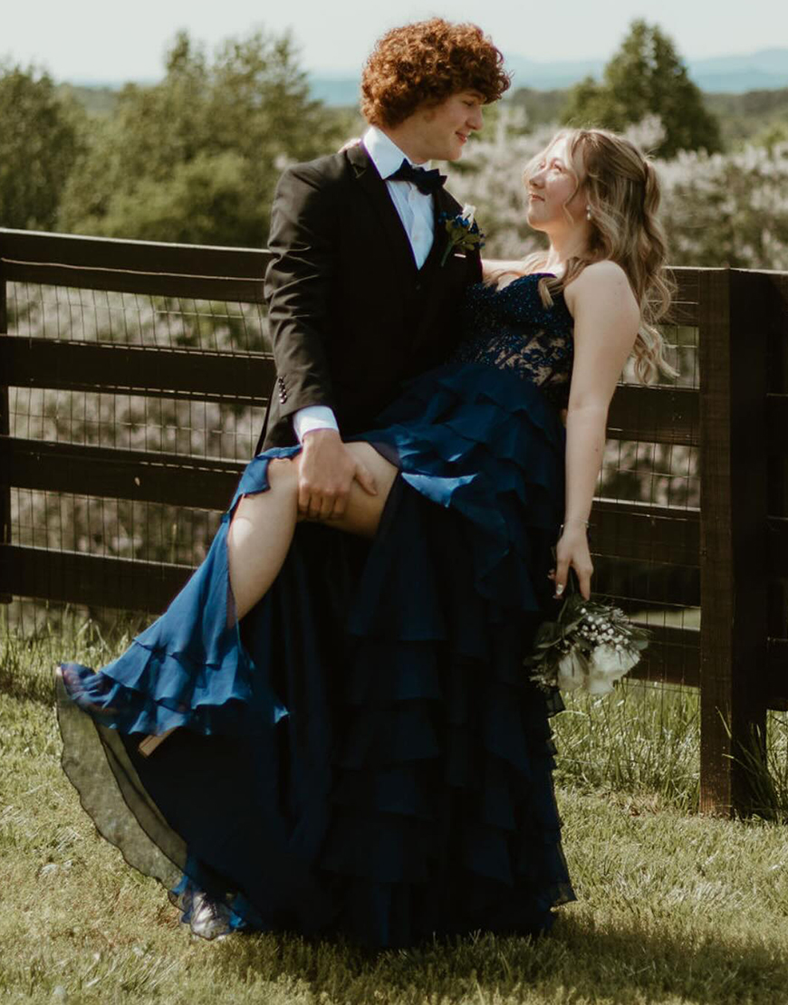 Lilac Sweetheart Lace Up Long Tiered Chiffon Prom Dress With Slit