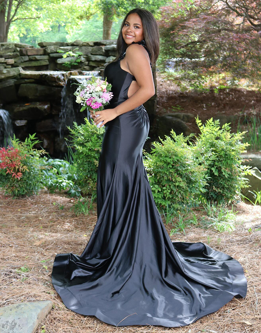 Red Satin Mermaid Keyhole Back Sweep Train Mermaid Prom Dress With Slit