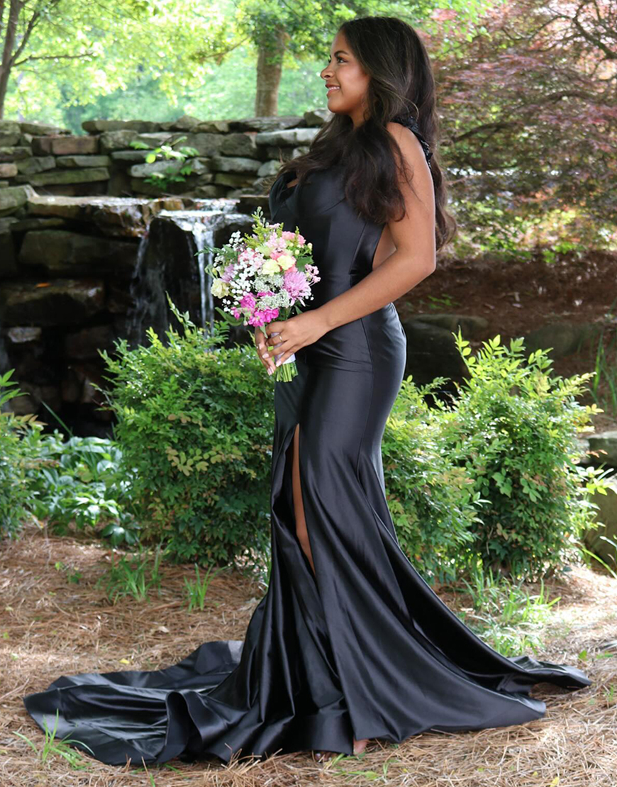 Red Satin Mermaid Keyhole Back Sweep Train Mermaid Prom Dress With Slit