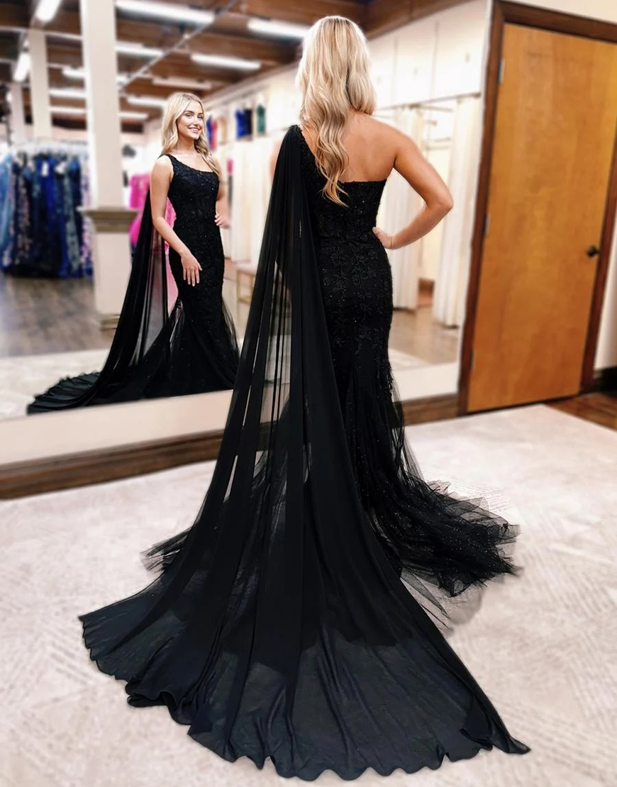 Black One Shoulder Mermaid Long Lace Prom Dress With Shawl