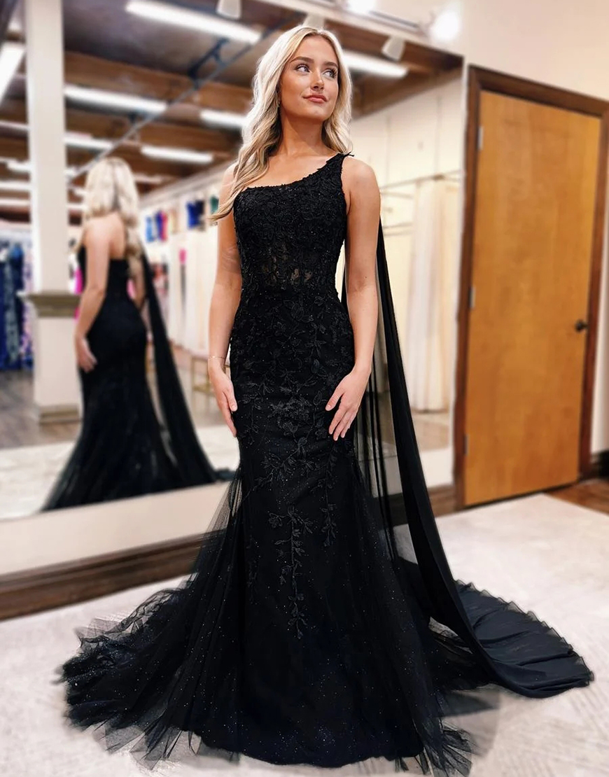 Black One Shoulder Mermaid Long Lace Prom Dress With Shawl