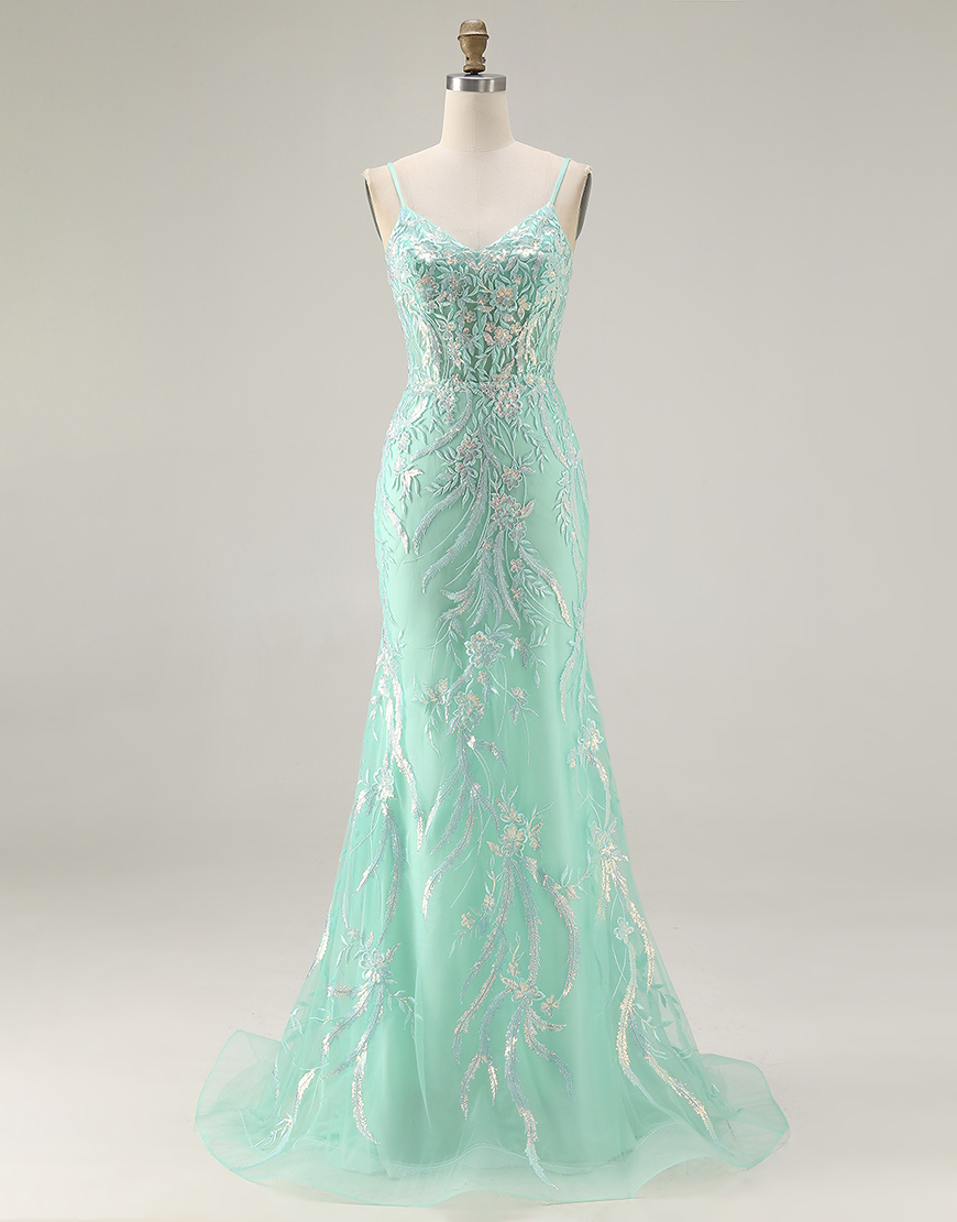 Sparkly Mint Green Mermaid Floral Corset Lace Long Prom Dress
