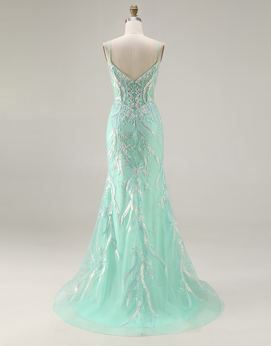 Sparkly Mint Green Mermaid Floral Corset Lace Long Prom Dress