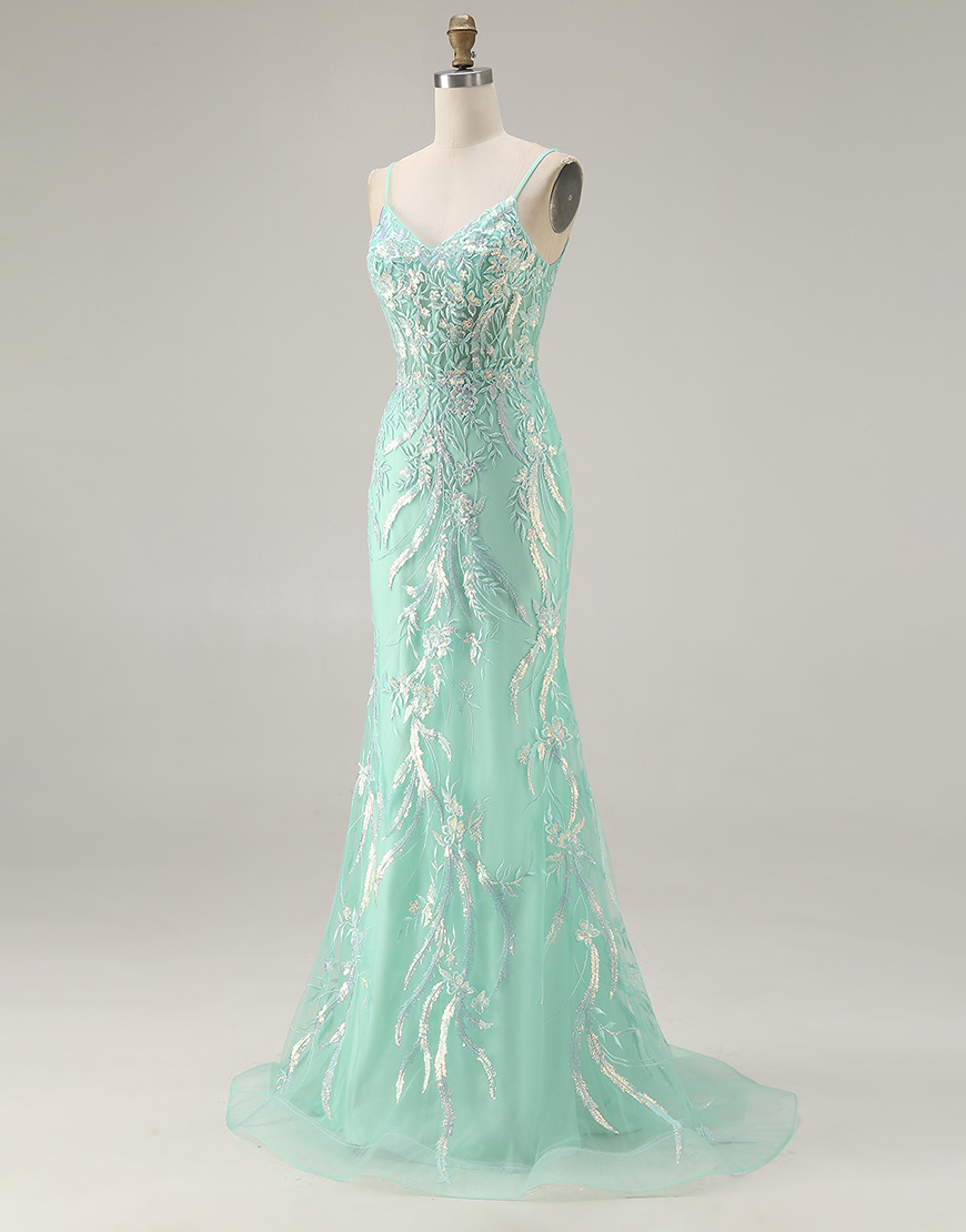 Sparkly Purple Floral Mermaid Lace Spaghetti Straps Long Prom Dress