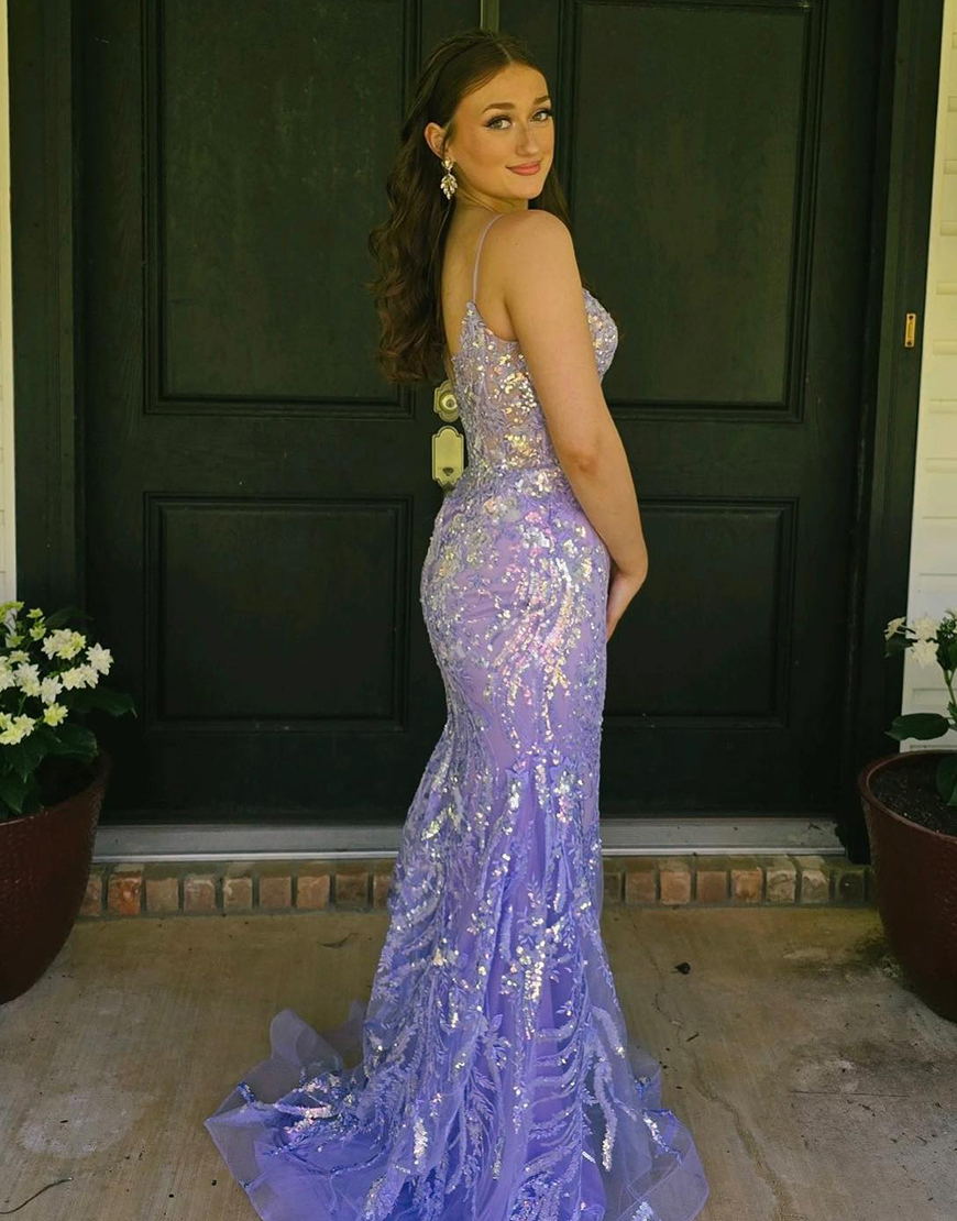 Sparkly Light Blue Mermaid Spaghetti Straps Long Prom Dress With Sequin