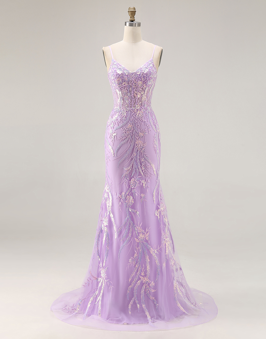 Sparkly Purple Floral Mermaid Lace Spaghetti Straps Long Prom Dress
