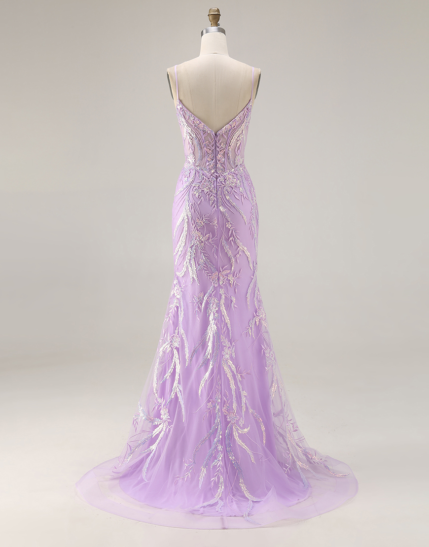 Sparkly Purple Floral Mermaid Lace Spaghetti Straps Long Prom Dress