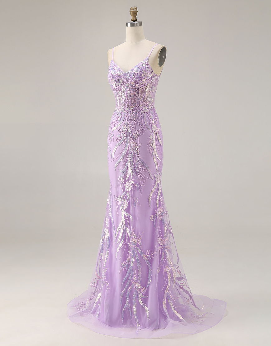 Sparkly Purple Floral Mermaid Lace Spaghetti Straps Long Prom Dress